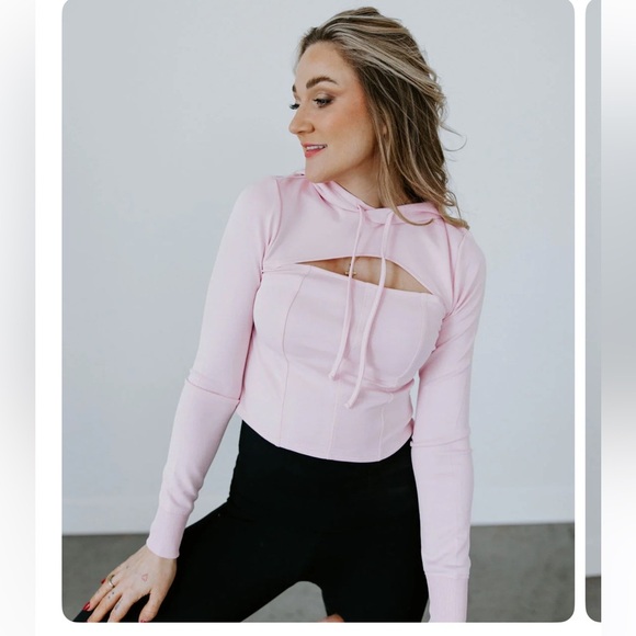 Mono B Tops - Mono b Cut Out Hoodie Size Large Cool Pink Long Sleeve Adjustable Self Ties